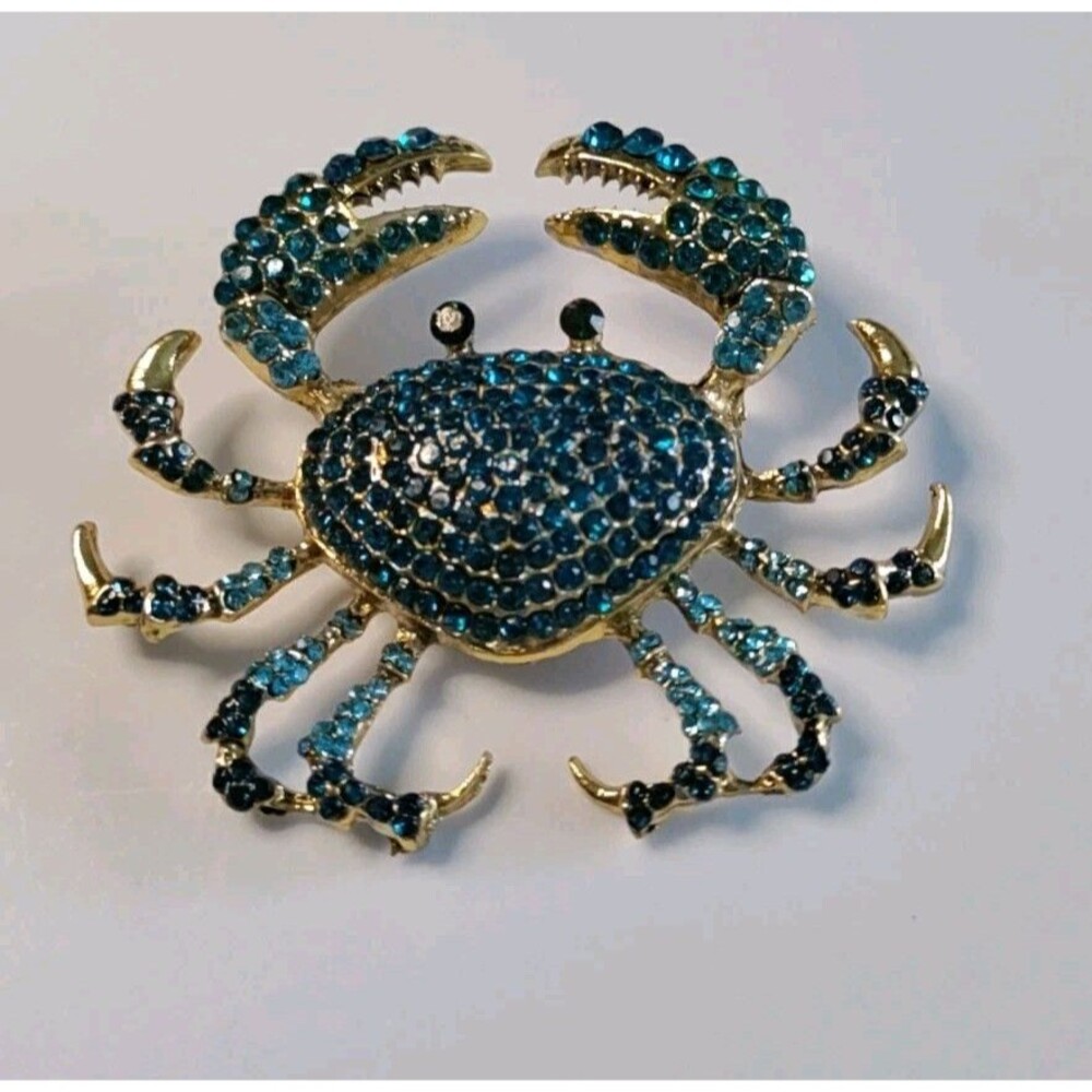 Large Blue Crab Rhinestone Brooch 2.5" Wide X 2"